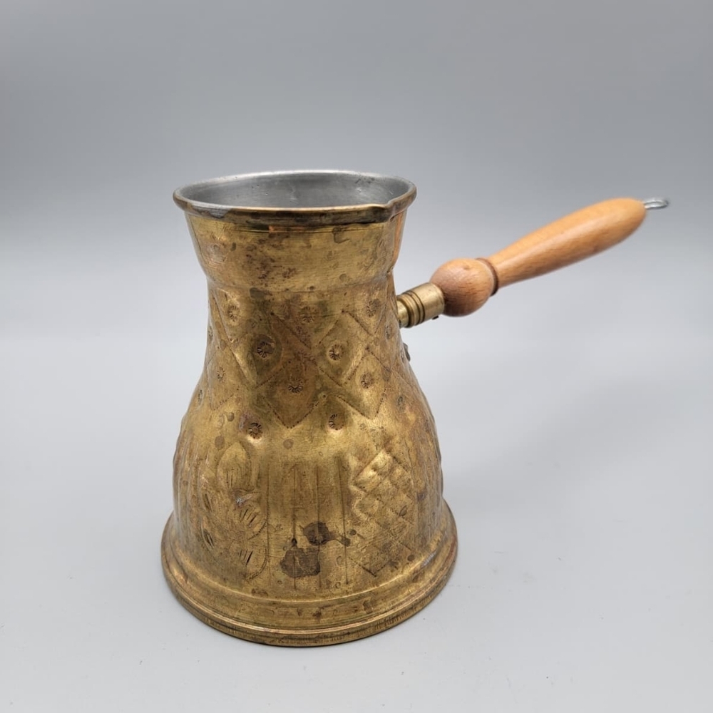 Vintage Embossed Brass Turkish Coffee Pot, Handmade Cezve Ibrik